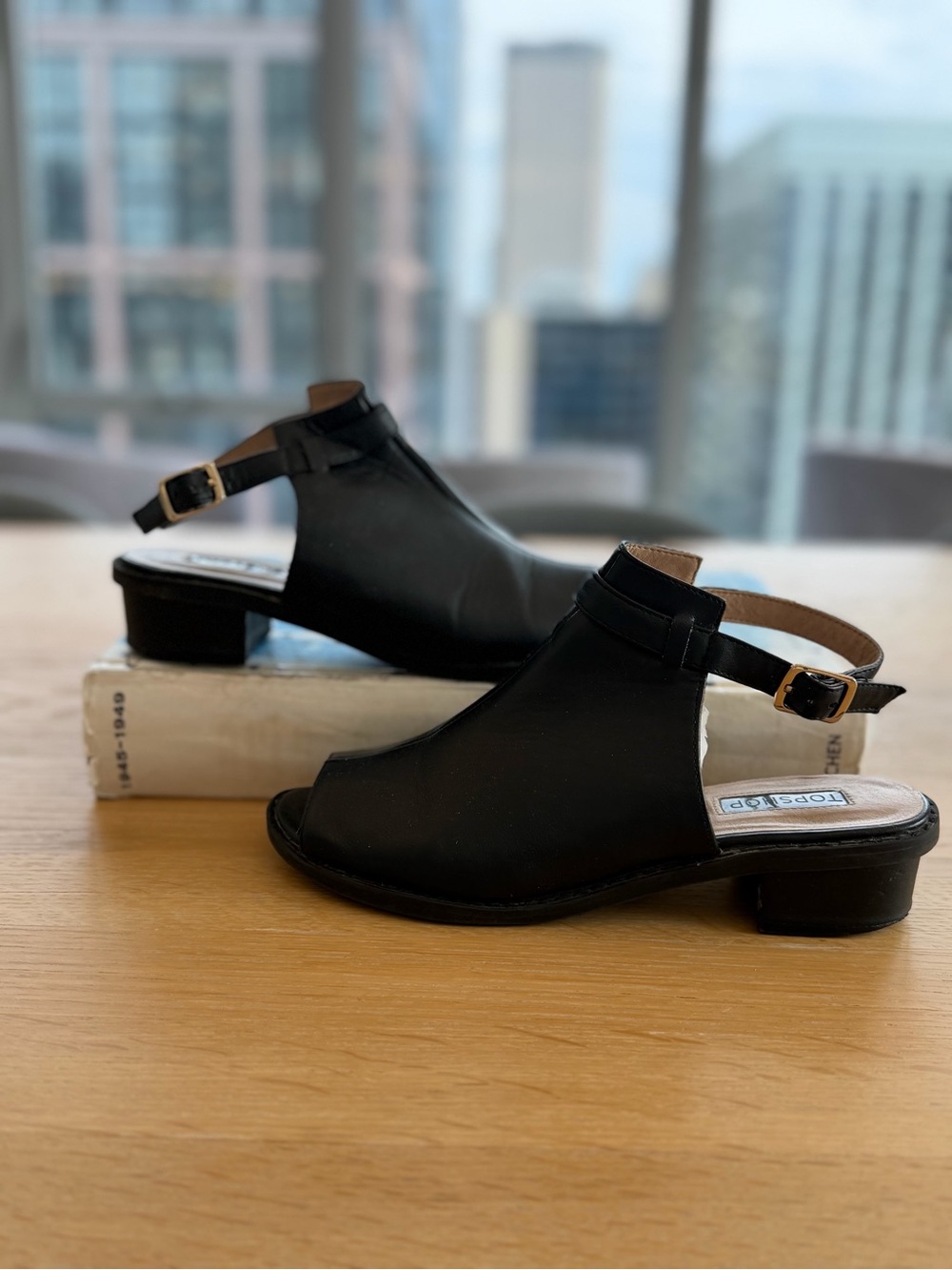 Topshop Black Open-Toe Slingback Leather Heels- Size 38